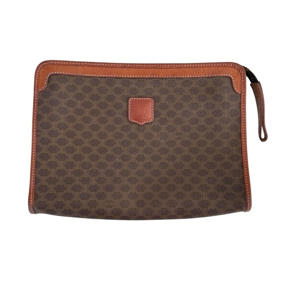 Authentic CELINE Macadam Dark Brown & Tan Leather Large Clutch Wristlet Bag - Picture 7 of 12